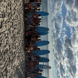 Group of people with surfboards on a beach under a cloudy sky