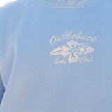 Light blue hoodie with 'Outtheback Surf Club' logo on a person wearing it.