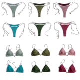 A 12-item grid showing various women's bikini bottoms and matching triangle tops in muted sage green, olive green, dusty rose, teal blue, and burgundy, all with white strings and trim on a plain white background.