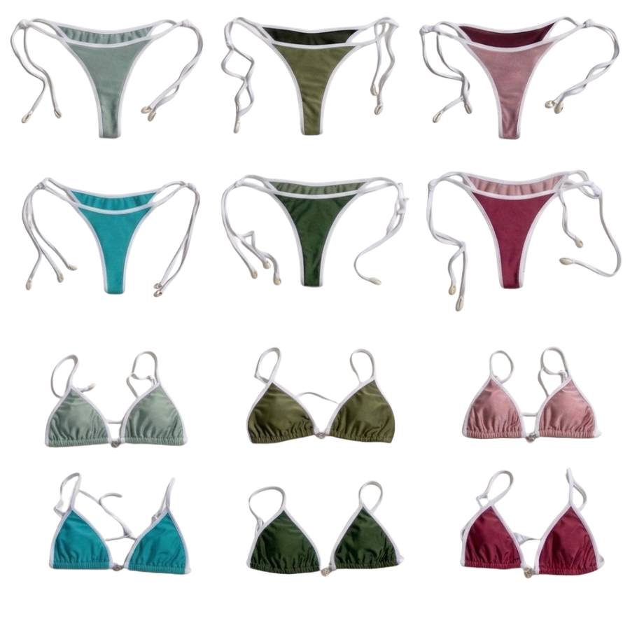 A 12-item grid showing various women's bikini bottoms and matching triangle tops in muted sage green, olive green, dusty rose, teal blue, and burgundy, all with white strings and trim on a plain white background.